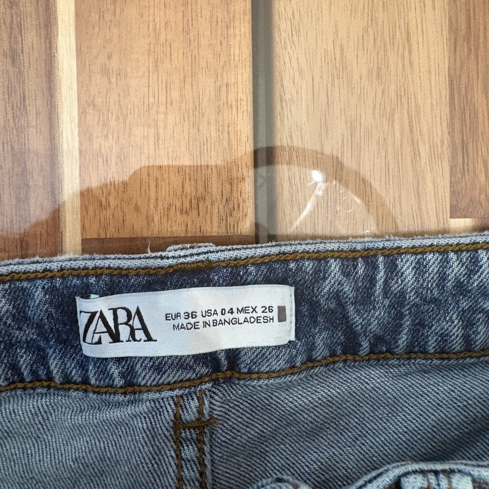 Zara Sz 4 Light Wash High Rise Mom Blue Denim Jeans Straight Leg Ribbed Y2K - Picture 3 of 10
